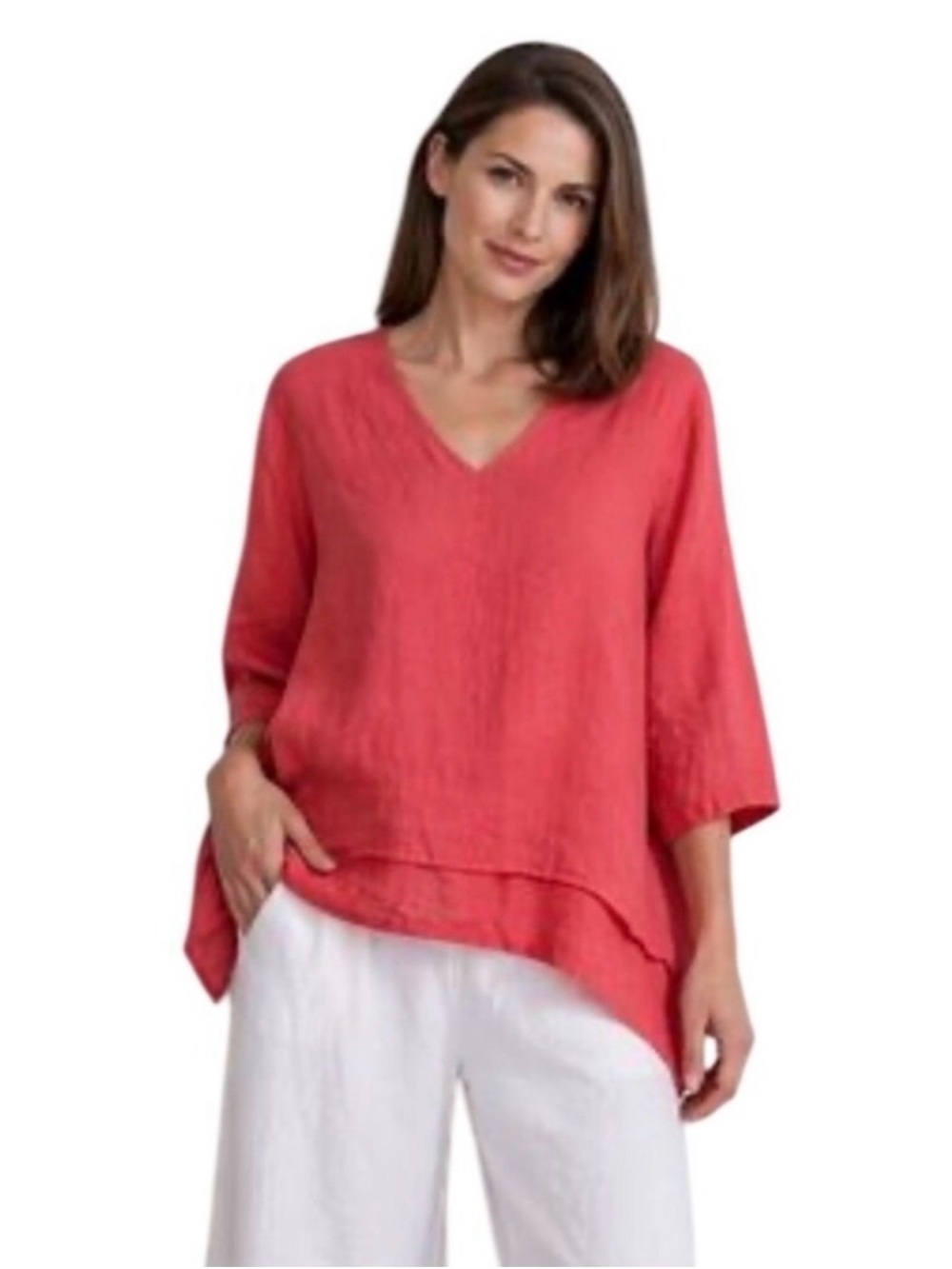 La Fixsun 100% Linen V Neck Double Layer Tunic Top XL Coral Pink Asymmetric Hem
